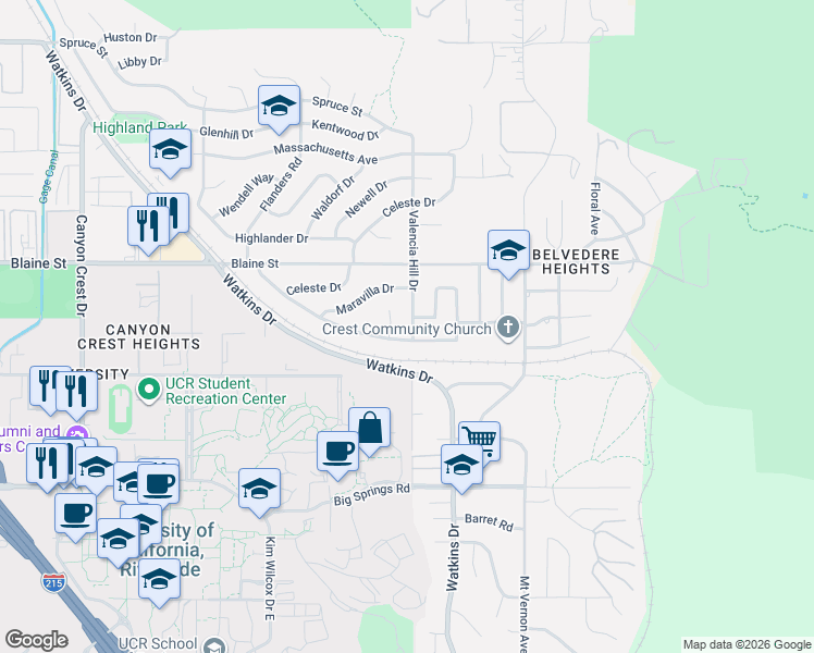 map of restaurants, bars, coffee shops, grocery stores, and more near 290 West Shady Grove Drive in Riverside
