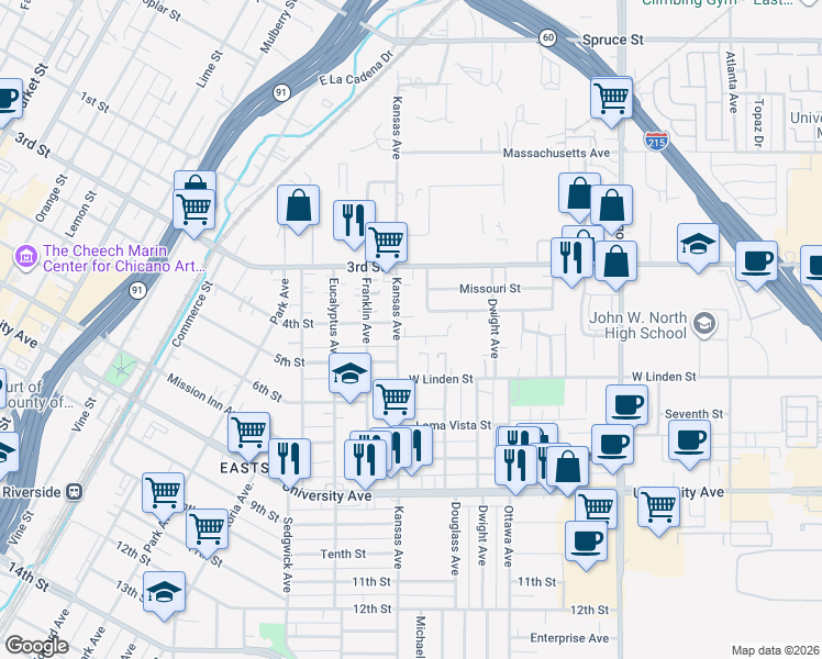 map of restaurants, bars, coffee shops, grocery stores, and more near 2093 Patterson Street in Riverside