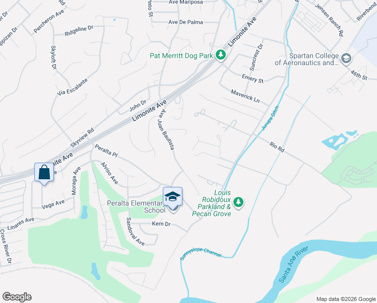 map of restaurants, bars, coffee shops, grocery stores, and more near 5850 Avenue Juan Bautista in Riverside