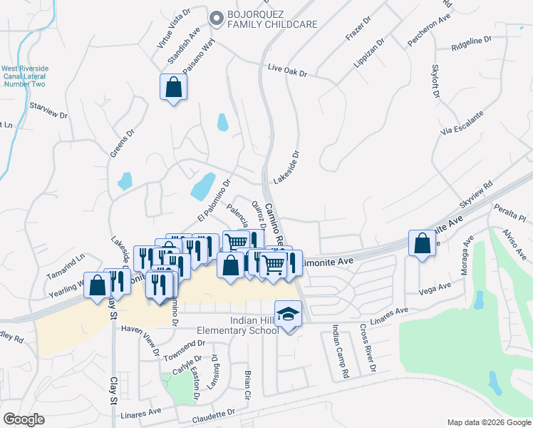 map of restaurants, bars, coffee shops, grocery stores, and more near 5890 Quiroz Drive in Riverside