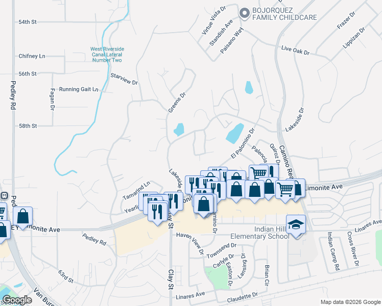 map of restaurants, bars, coffee shops, grocery stores, and more near 5925 Grinnell Drive in Riverside