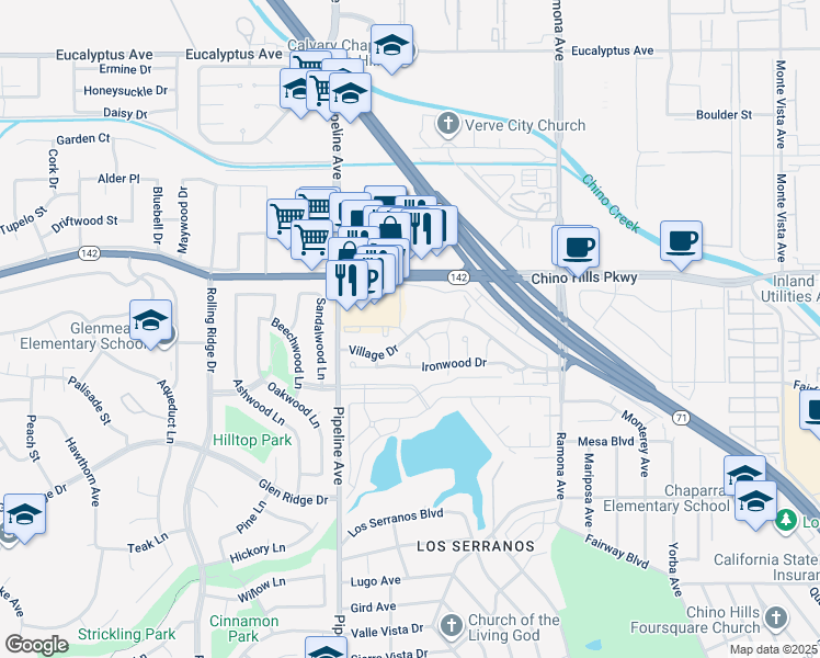 map of restaurants, bars, coffee shops, grocery stores, and more near 4126 Village Drive in Chino Hills