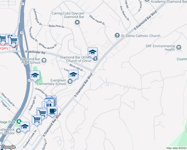 map of restaurants, bars, coffee shops, grocery stores, and more near 2416 South Diamond Bar Boulevard in Diamond Bar