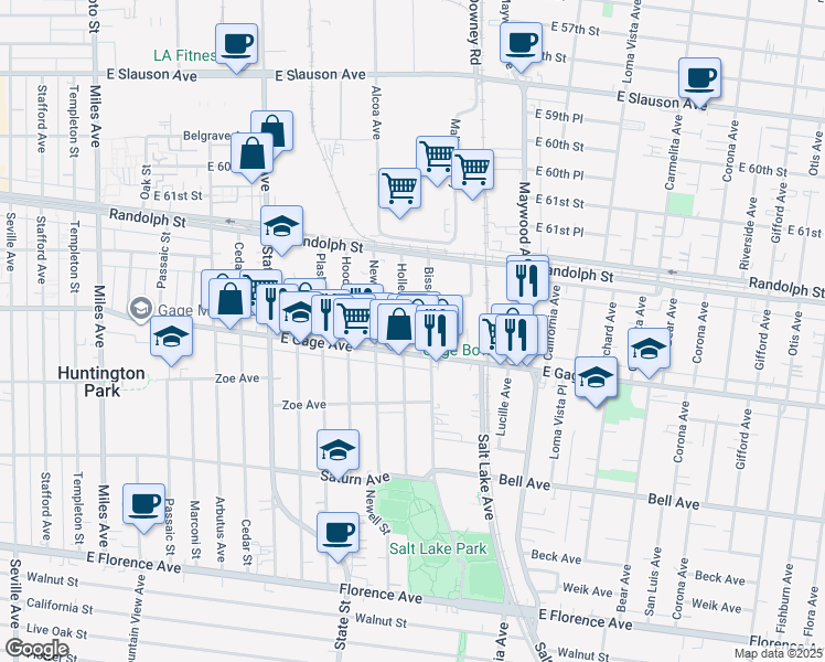 map of restaurants, bars, coffee shops, grocery stores, and more near 6337 Hollenbeck Street in Huntington Park
