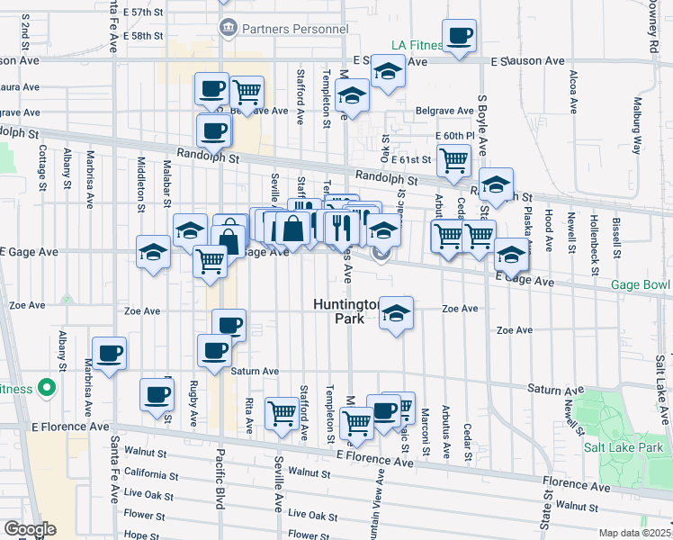 map of restaurants, bars, coffee shops, grocery stores, and more near 6425 Miles Avenue in Huntington Park