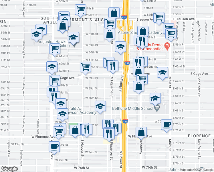 map of restaurants, bars, coffee shops, grocery stores, and more near 6411 Denver Avenue in Los Angeles
