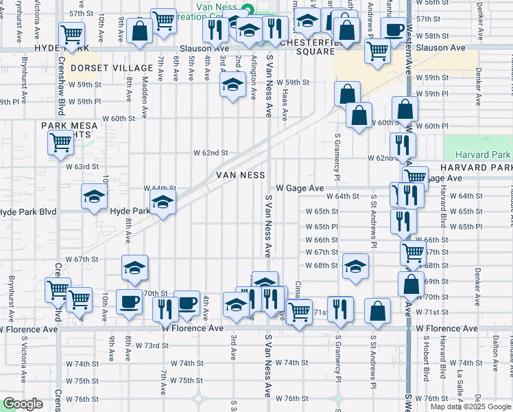 map of restaurants, bars, coffee shops, grocery stores, and more near 6430 Arlington Avenue in Los Angeles