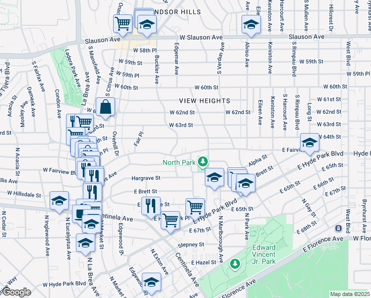 map of restaurants, bars, coffee shops, grocery stores, and more near 1320 Buckler Avenue in Inglewood