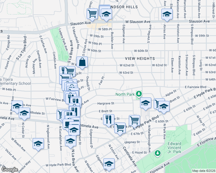 map of restaurants, bars, coffee shops, grocery stores, and more near 413 East Fairview Boulevard in Inglewood