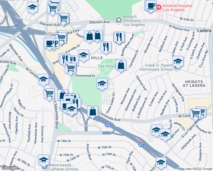 map of restaurants, bars, coffee shops, grocery stores, and more near 6237 Green Valley Circle in Culver City