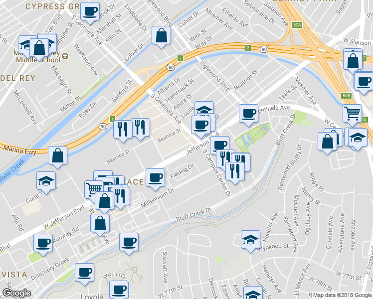 map of restaurants, bars, coffee shops, grocery stores, and more near 12401 West Jefferson Boulevard in Los Angeles