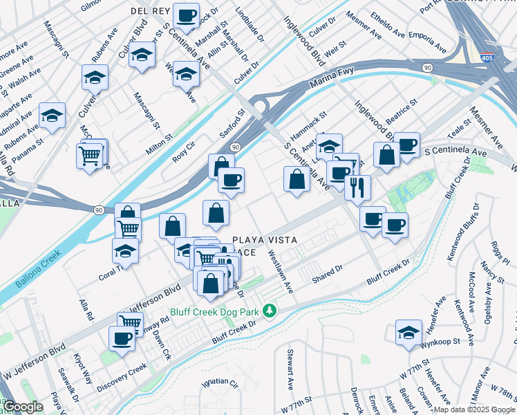 map of restaurants, bars, coffee shops, grocery stores, and more near 12540 Beatrice Street in Los Angeles