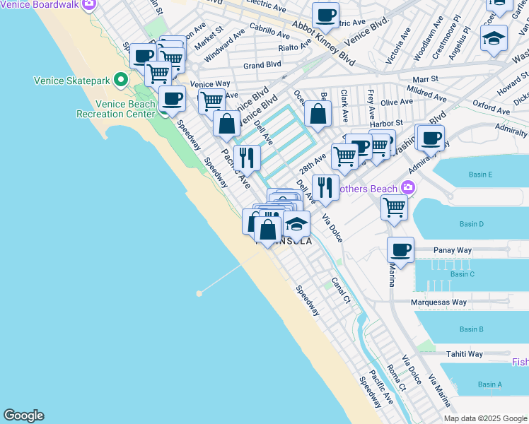 map of restaurants, bars, coffee shops, grocery stores, and more near 38 28th Place in Los Angeles
