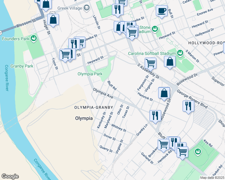 map of restaurants, bars, coffee shops, grocery stores, and more near 601 Kentucky Street in Columbia