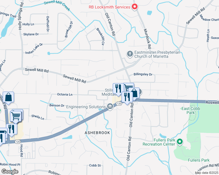 map of restaurants, bars, coffee shops, grocery stores, and more near 2998 Octavia Circle in Marietta