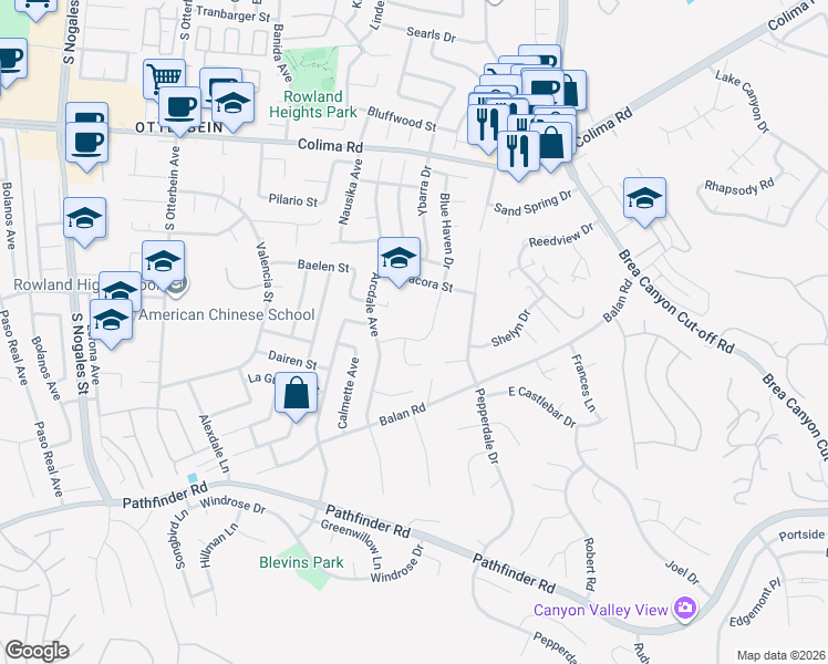 map of restaurants, bars, coffee shops, grocery stores, and more near 19545 Quicksilver Lane in Rowland Heights