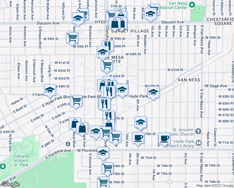 map of restaurants, bars, coffee shops, grocery stores, and more near 6428 11th Avenue in Los Angeles