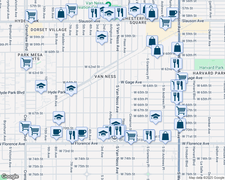 map of restaurants, bars, coffee shops, grocery stores, and more near 6430 Arlington Avenue in Los Angeles