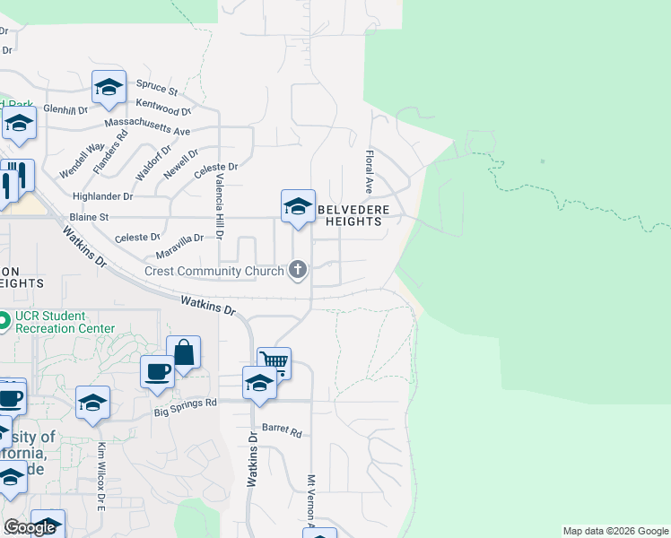 map of restaurants, bars, coffee shops, grocery stores, and more near 3421 Maricopa Drive in Riverside
