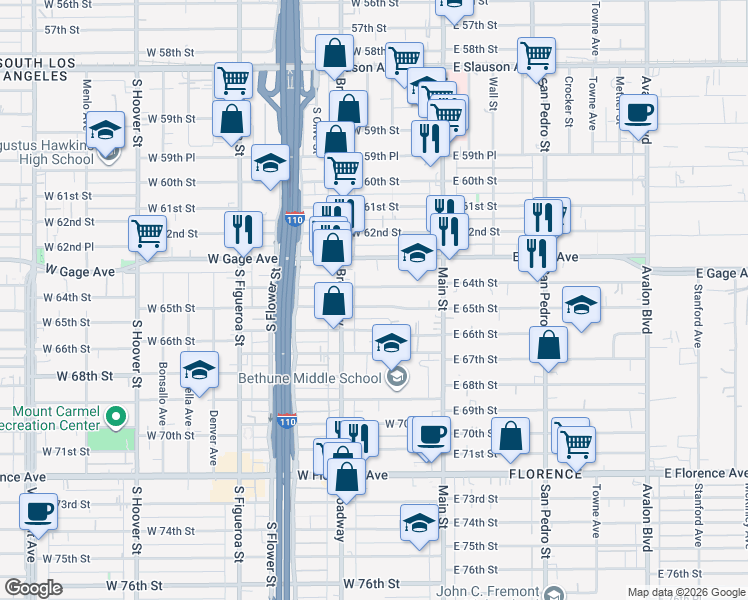 map of restaurants, bars, coffee shops, grocery stores, and more near 205 West 65th Street in Los Angeles