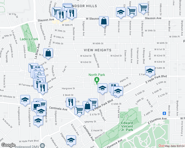 map of restaurants, bars, coffee shops, grocery stores, and more near 607 East Fairview Boulevard in Inglewood
