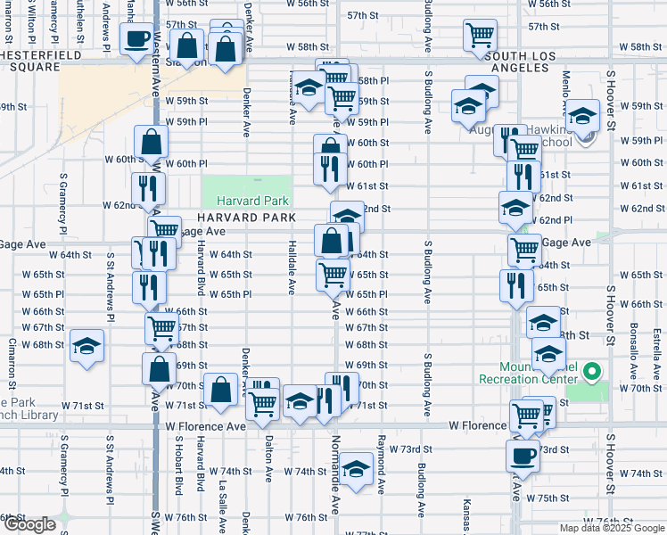map of restaurants, bars, coffee shops, grocery stores, and more near 6411 Normandie Avenue in Los Angeles