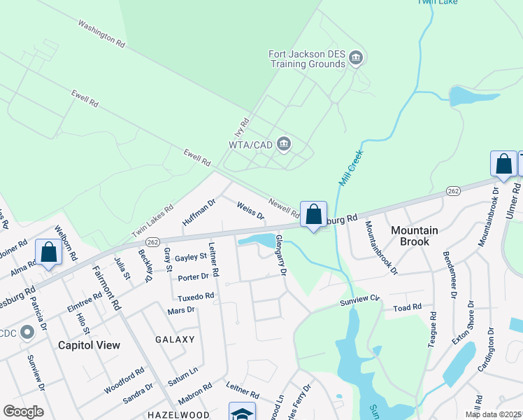 map of restaurants, bars, coffee shops, grocery stores, and more near 2233 Weiss Drive in Columbia
