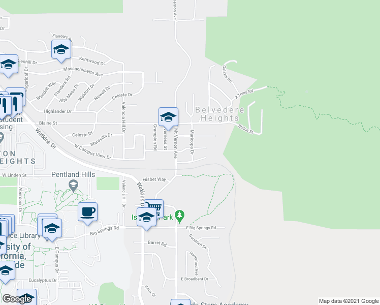 map of restaurants, bars, coffee shops, grocery stores, and more near 3421 Maricopa Drive in Riverside