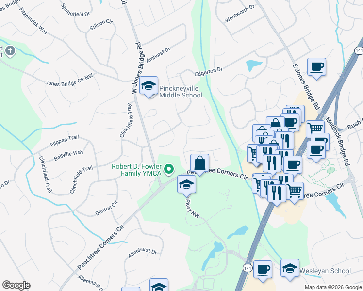 map of restaurants, bars, coffee shops, grocery stores, and more near 4110 Blue Iris Hollow in Norcross