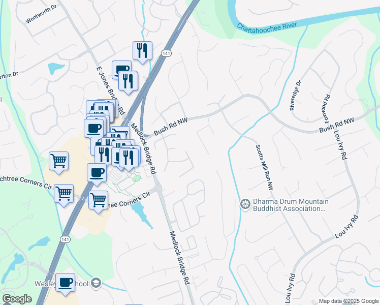 map of restaurants, bars, coffee shops, grocery stores, and more near 3783 Wickford Lane in Duluth