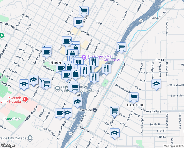 map of restaurants, bars, coffee shops, grocery stores, and more near 3398 Mission Inn Avenue in Riverside