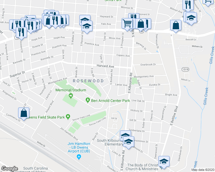 map of restaurants, bars, coffee shops, grocery stores, and more near 3418 Lanier Avenue in Columbia