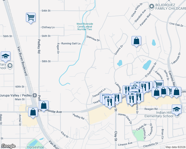 map of restaurants, bars, coffee shops, grocery stores, and more near 8385 Indian Knolls Circle in Riverside