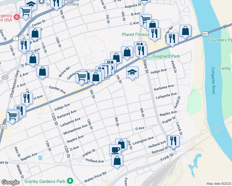 map of restaurants, bars, coffee shops, grocery stores, and more near 723 Jansen Ave in Cayce