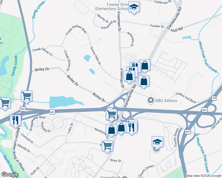map of restaurants, bars, coffee shops, grocery stores, and more near 125 Freeman Circle in Athens