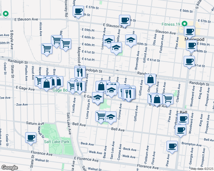 map of restaurants, bars, coffee shops, grocery stores, and more near 6237 Carmelita Avenue in Bell