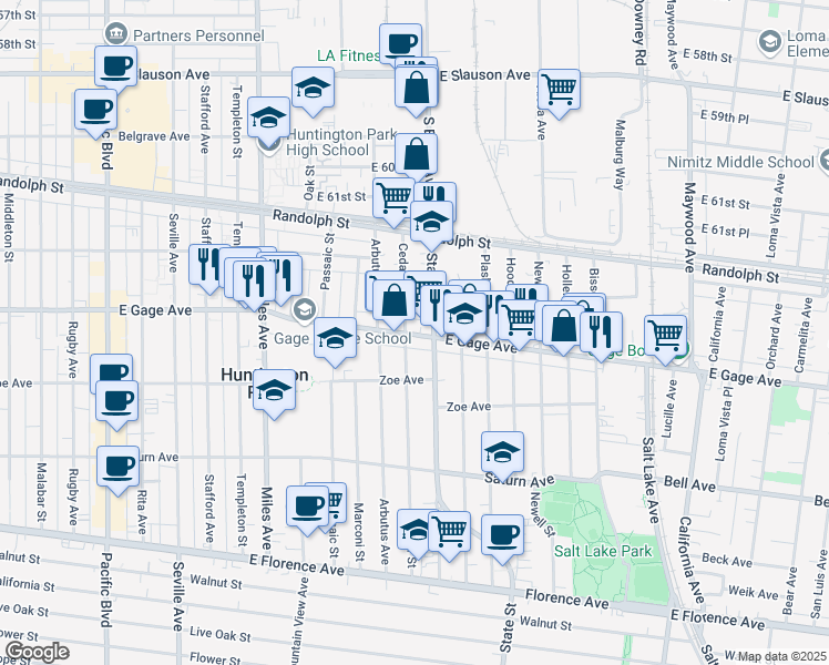 map of restaurants, bars, coffee shops, grocery stores, and more near 3065 East Gage Avenue in Huntington Park