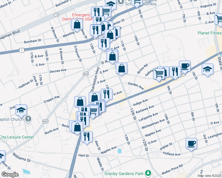 map of restaurants, bars, coffee shops, grocery stores, and more near 1235 Guignard Avenue in West Columbia