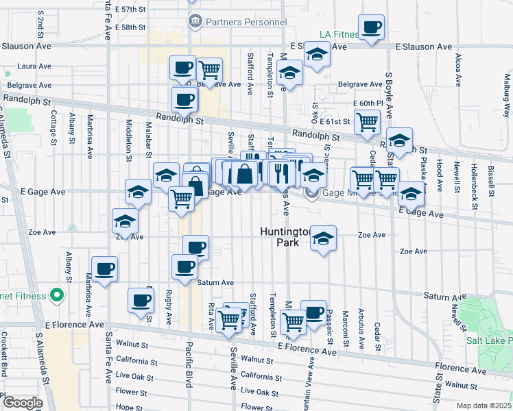 map of restaurants, bars, coffee shops, grocery stores, and more near 6422 Stafford Avenue in Huntington Park