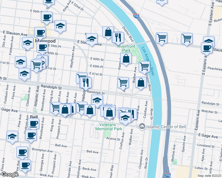 map of restaurants, bars, coffee shops, grocery stores, and more near 6152 Wilcox Avenue in Maywood