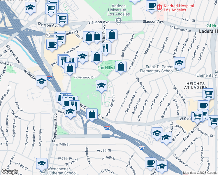 map of restaurants, bars, coffee shops, grocery stores, and more near 6315 Green Valley Circle in Culver City