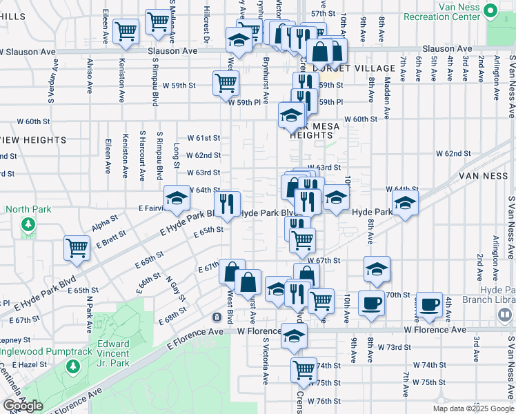 map of restaurants, bars, coffee shops, grocery stores, and more near 6428 Brynhurst Avenue in Los Angeles