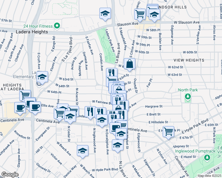 map of restaurants, bars, coffee shops, grocery stores, and more near 102 West 64th Street in Inglewood
