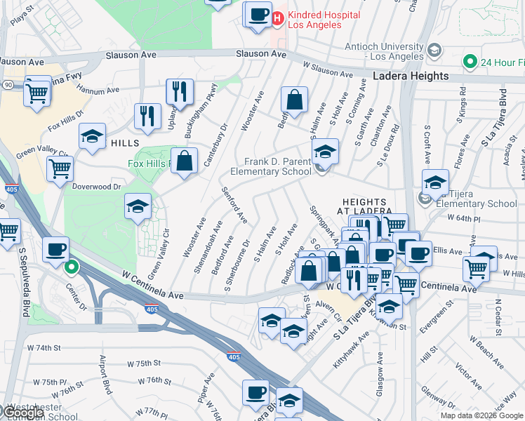 map of restaurants, bars, coffee shops, grocery stores, and more near 6430 South Sherbourne Drive in Los Angeles
