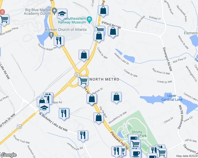 map of restaurants, bars, coffee shops, grocery stores, and more near 3001 Majestic Park Court in Duluth
