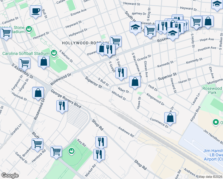 map of restaurants, bars, coffee shops, grocery stores, and more near 807 Royster St in Columbia