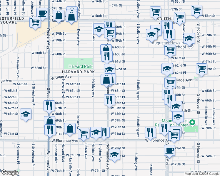 map of restaurants, bars, coffee shops, grocery stores, and more near 6416 Normandie Avenue in Los Angeles