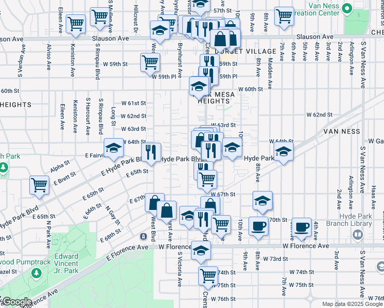 map of restaurants, bars, coffee shops, grocery stores, and more near 3429 Hyde Park Boulevard in Los Angeles