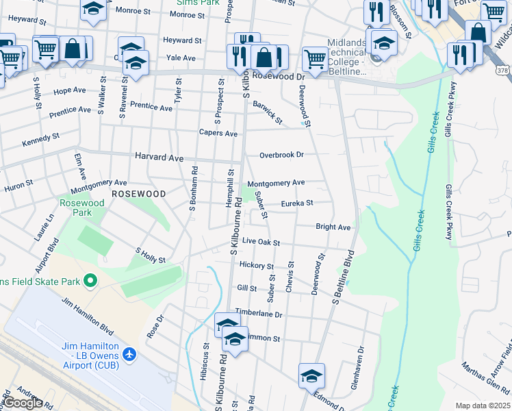 map of restaurants, bars, coffee shops, grocery stores, and more near 7 Cavalier Court in Columbia