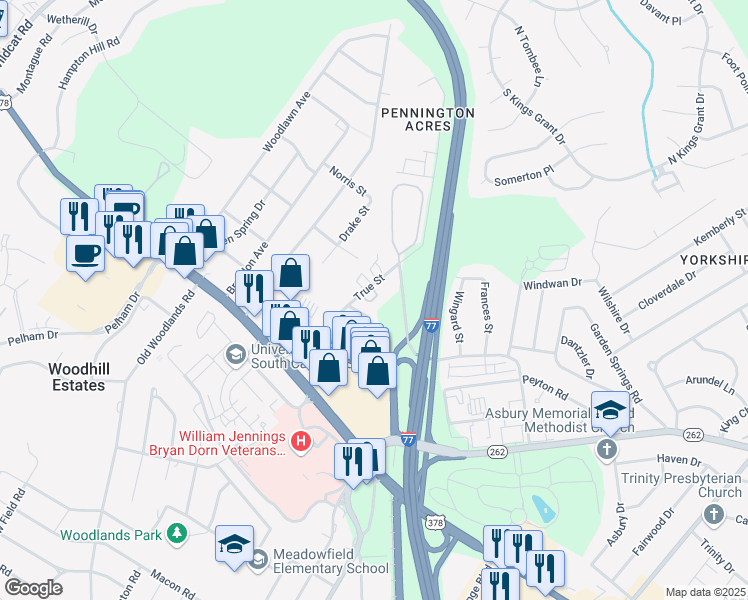 map of restaurants, bars, coffee shops, grocery stores, and more near 906 True Street in Columbia